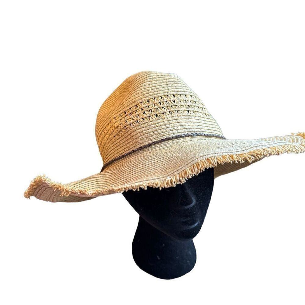 Women's Beige Straw Sun Hat Wide Brim Frayed Lightweight One Size